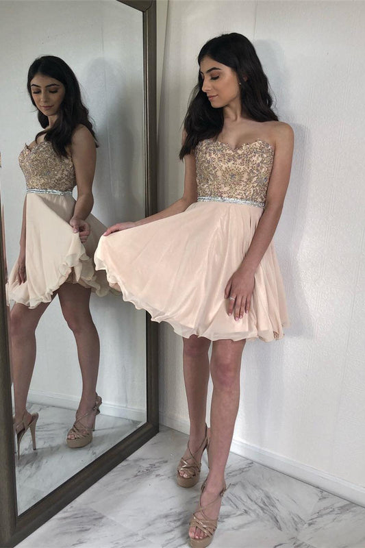 A Line Tracy Chiffon Homecoming Dresses Strapless Sweetheart Rhinestone Beaded Pleated Backless