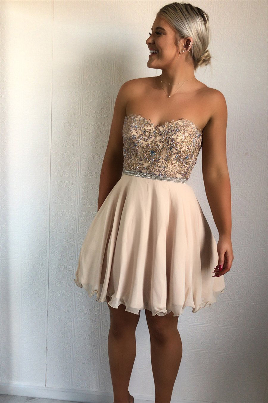 A Line Tracy Chiffon Homecoming Dresses Strapless Sweetheart Rhinestone Beaded Pleated Backless