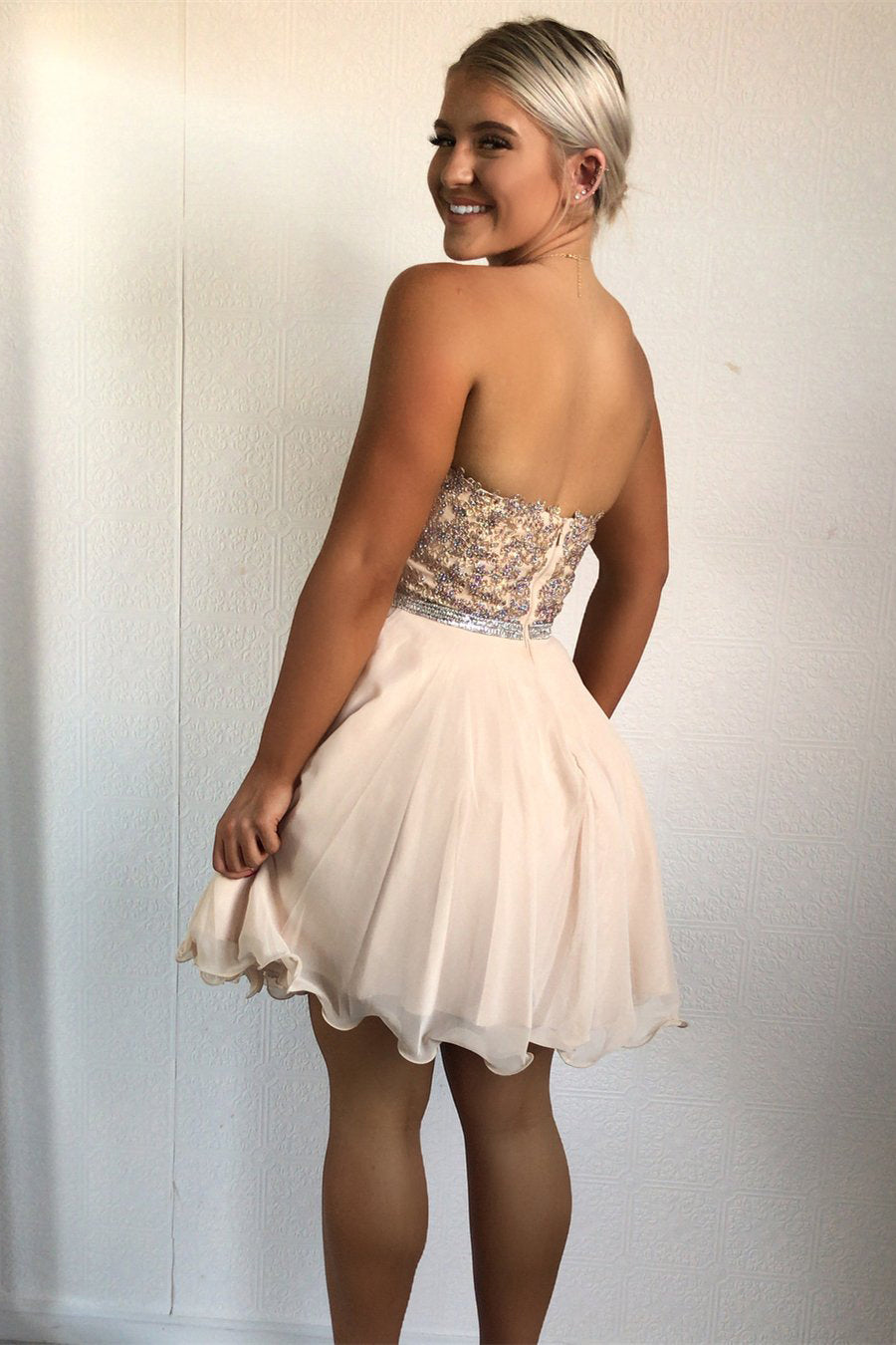 A Line Tracy Chiffon Homecoming Dresses Strapless Sweetheart Rhinestone Beaded Pleated Backless