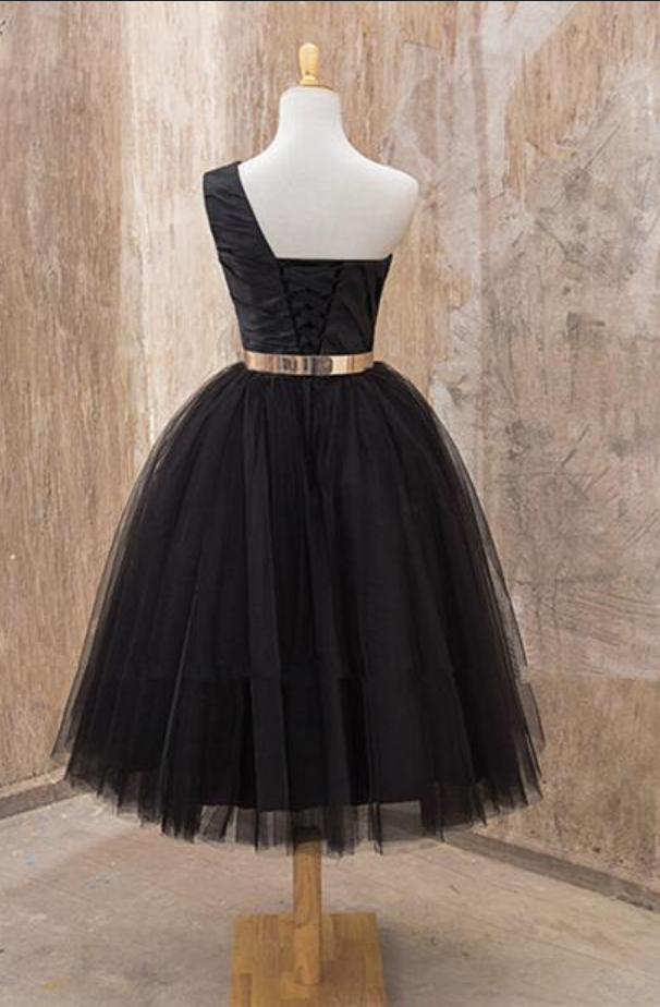 One Shoulder Sleeveless Ball Homecoming Dresses A Line Matilda Gown Black Tulle Ruched Pleated