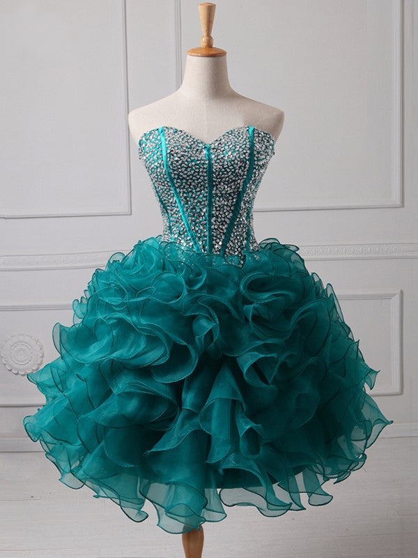 Ruffles Ball Gown Strapless Homecoming Dresses Liberty Sweetheart Backless Rhinestone Organza Teal