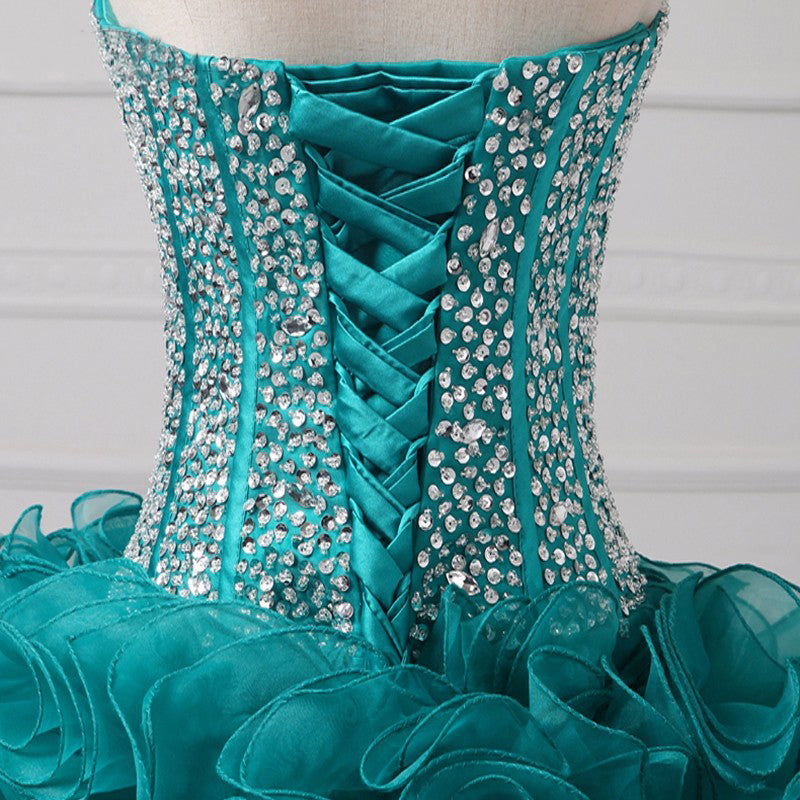 Ruffles Ball Gown Strapless Homecoming Dresses Liberty Sweetheart Backless Rhinestone Organza Teal