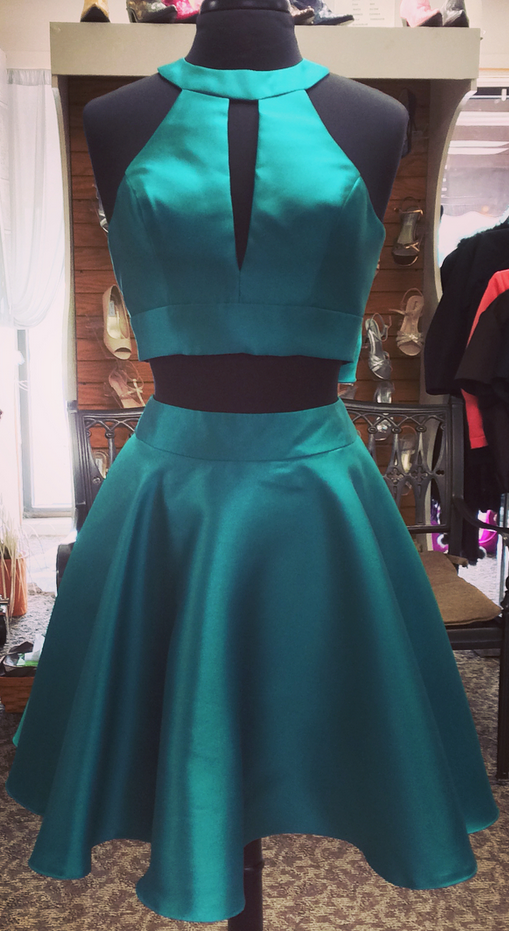 Halter Sleeveless Cut Two Pieces Satin Homecoming Dresses A Line Kaylynn Out Bow Knot Teal Pleated