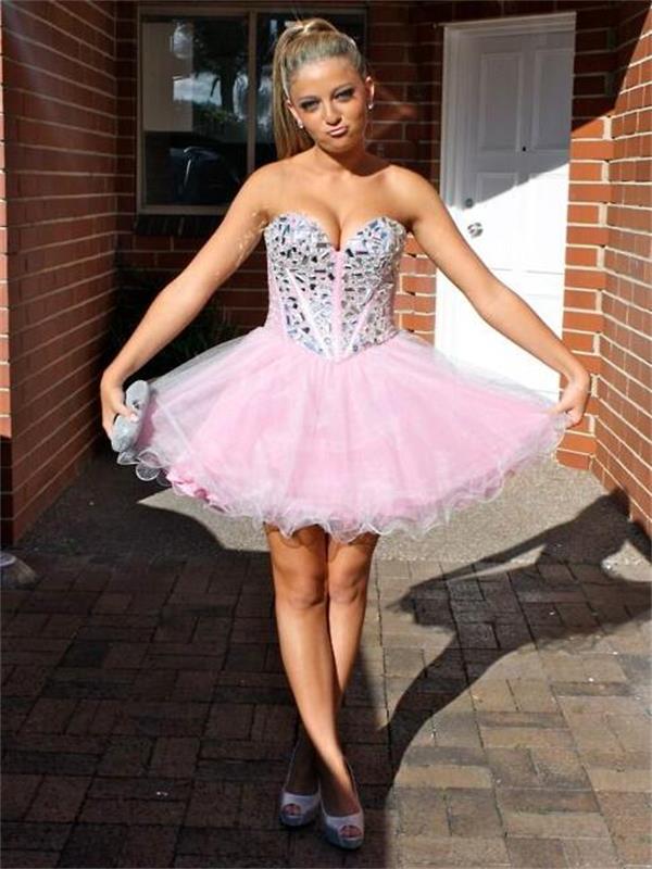 Homecoming Dresses Pam A Line Rhinestone Strapless Sweetheart Tulle Pleated Sparkle