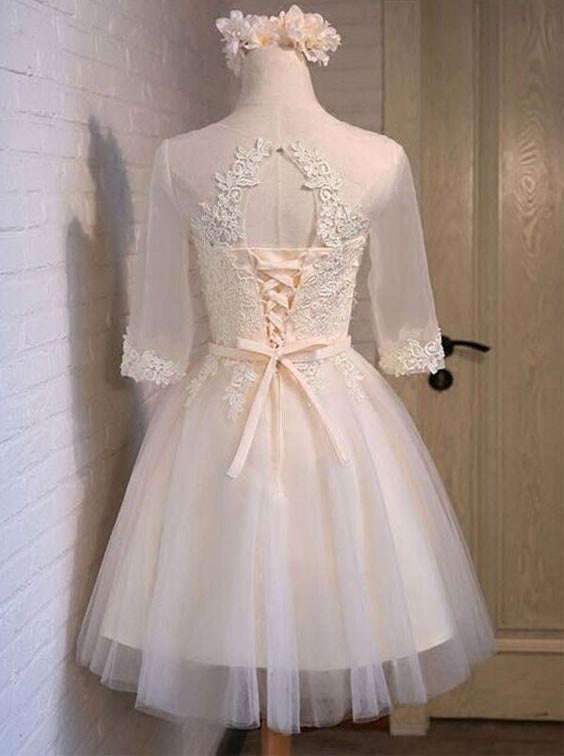 Half Sleeve Sheer Scoop Appliques Tulle Cut A Line Lace Homecoming Dresses Kristen Ivory Out Pleated Up