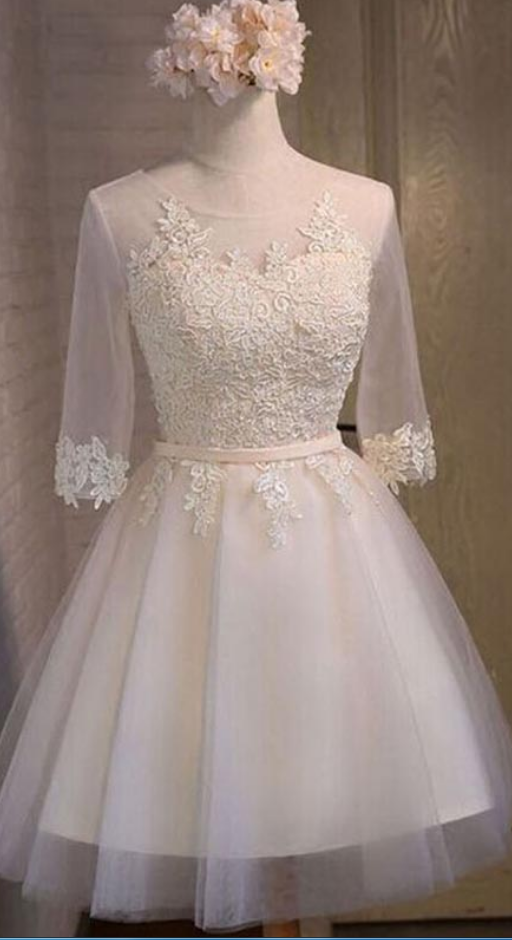 Half Sleeve Sheer Scoop Appliques Tulle Cut A Line Lace Homecoming Dresses Kristen Ivory Out Pleated Up