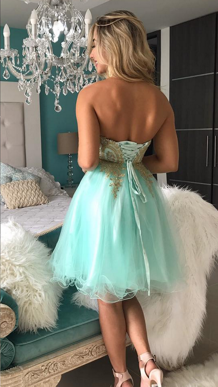 Strapless Sweetheart A Line Nellie Homecoming Dresses Appliques Backless Mint Green Organza