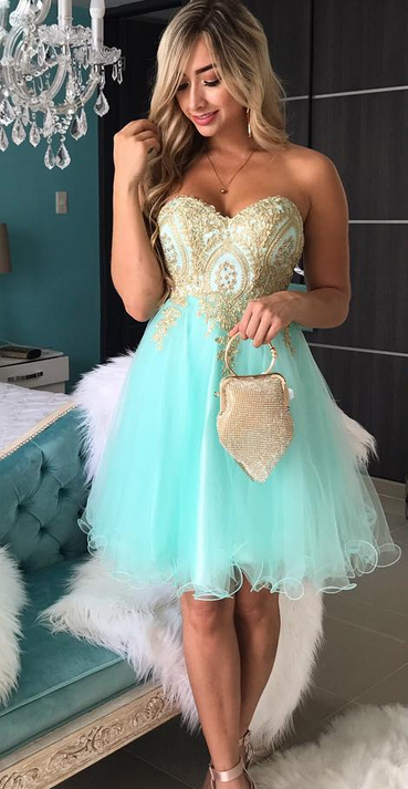 Strapless Sweetheart A Line Nellie Homecoming Dresses Appliques Backless Mint Green Organza