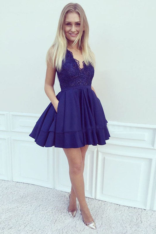 Deep V Neck Lucy Satin Homecoming Dresses Sleeveless Appliques Dark Navy Tiered Pleated Short