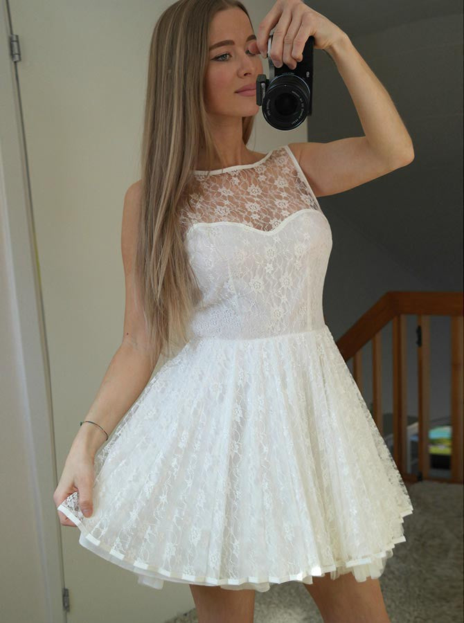 Bateau Backless Homecoming Dresses A Line Finley Lace Sheer Sleeveless White Pleated Mini