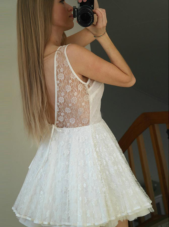 Bateau Backless Homecoming Dresses A Line Finley Lace Sheer Sleeveless White Pleated Mini