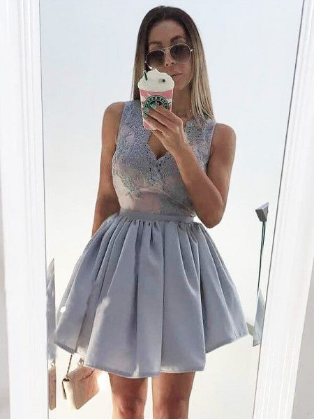 Grey Deep V Neck Sleeveless Pleated Taffeta Appliques Matilda Homecoming Dresses Short Elegant