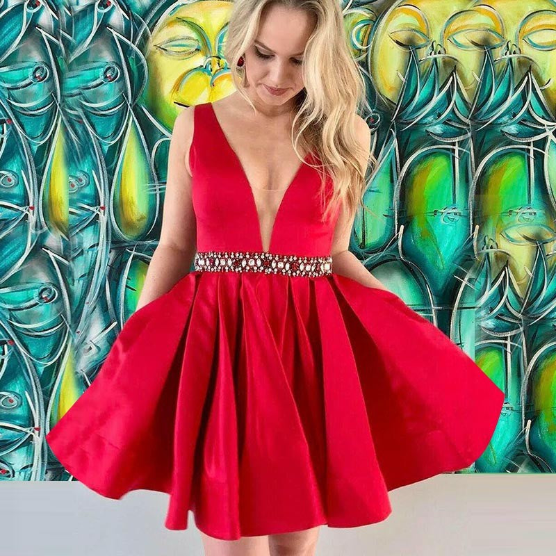 Sleeveless Deep V Neck Red Pleated Rhinestone Pearls Homecoming Dresses Satin A Line Jaqueline Sheer