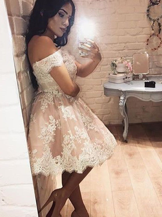 Off Shoulder Flowers Sexy Elegant A Line Homecoming Dresses Madeleine Lace Ivory Pleated Knee Length