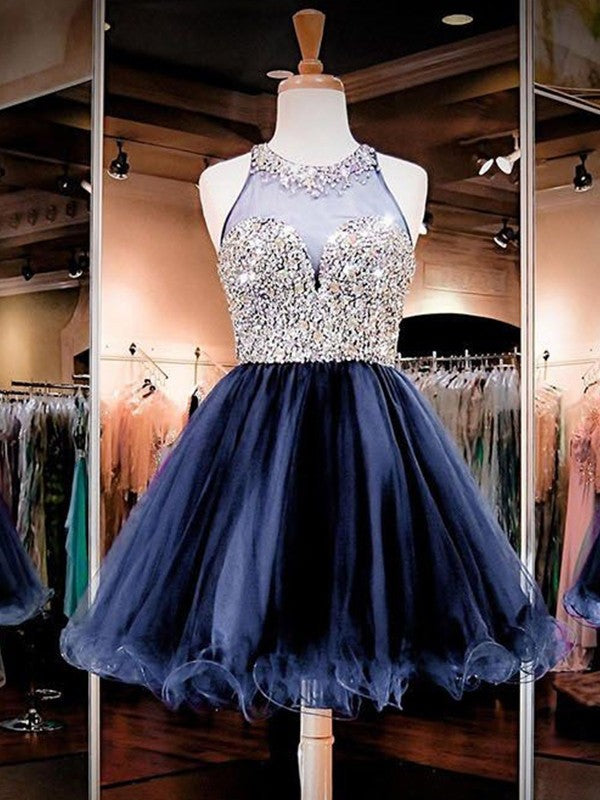 Jada Homecoming Dresses A Line Halter Rhinestone Sheer Backless Pleated Organza Dark Navy