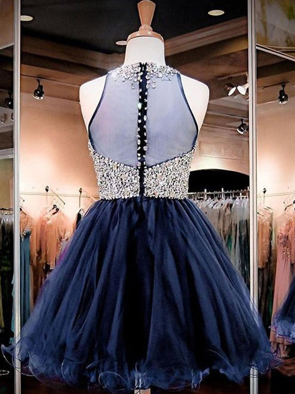 Jada Homecoming Dresses A Line Halter Rhinestone Sheer Backless Pleated Organza Dark Navy