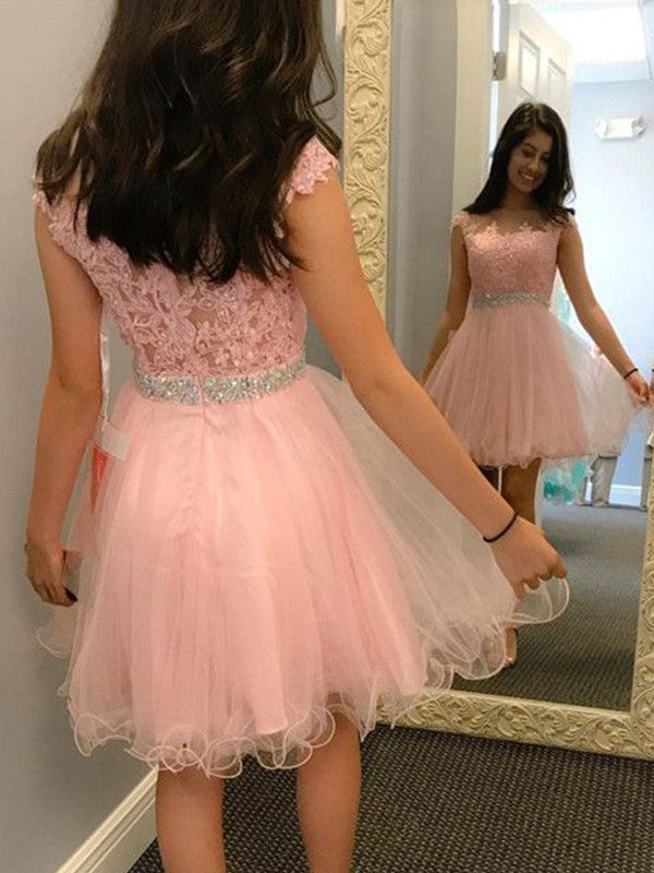 Homecoming Dresses Adalynn Lace Scoop Sheer Cap Sleeve Appliques Rhinestone Organza Pleated