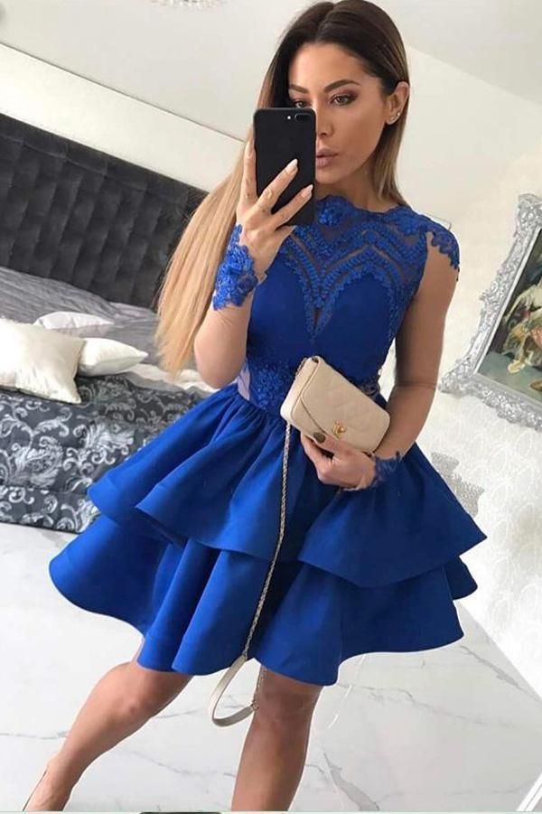 Jewel Long Lace Kaya Royal Blue Homecoming Dresses Satin Sleeve Appliques Tiered Short