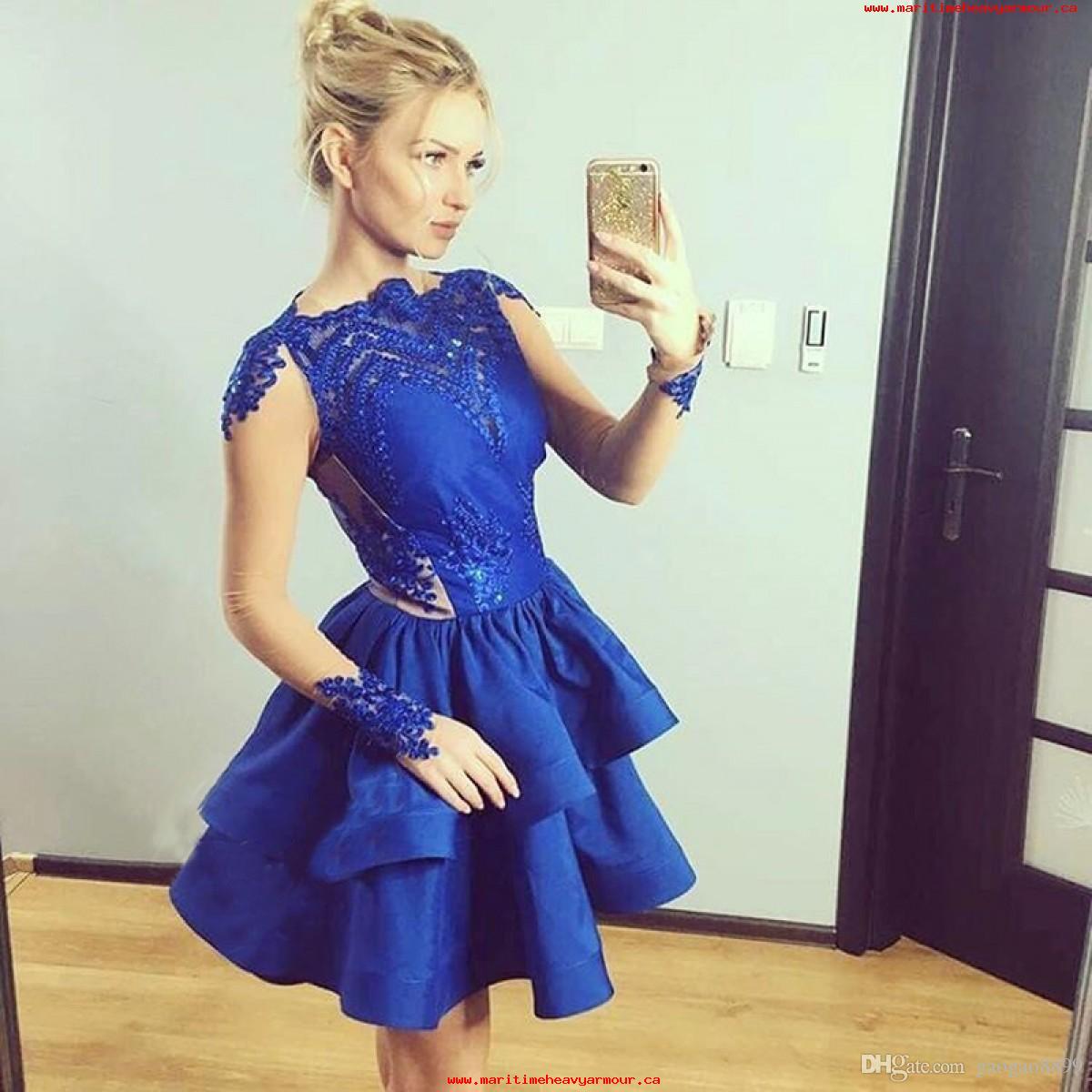 Jewel Long Lace Kaya Royal Blue Homecoming Dresses Satin Sleeve Appliques Tiered Short