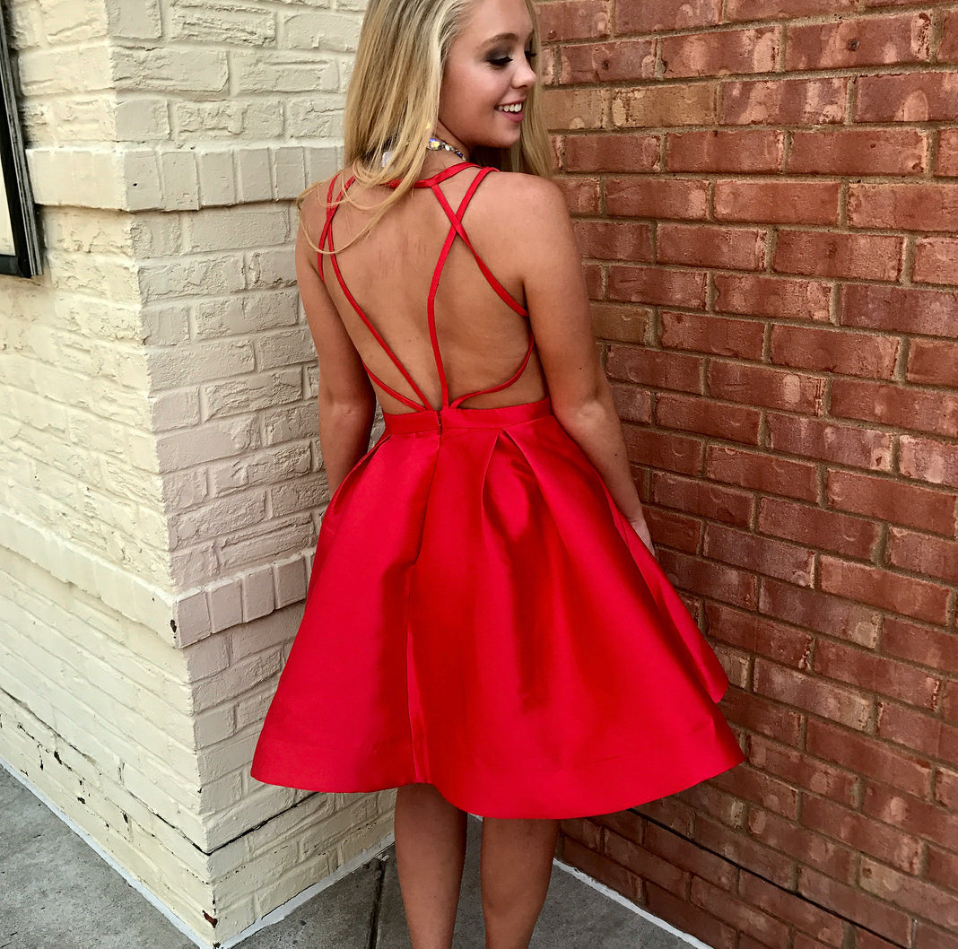 V Neck Backless Pleated Red A Line Lorelei Homecoming Dresses Satin Criss Cross Straps Sexy