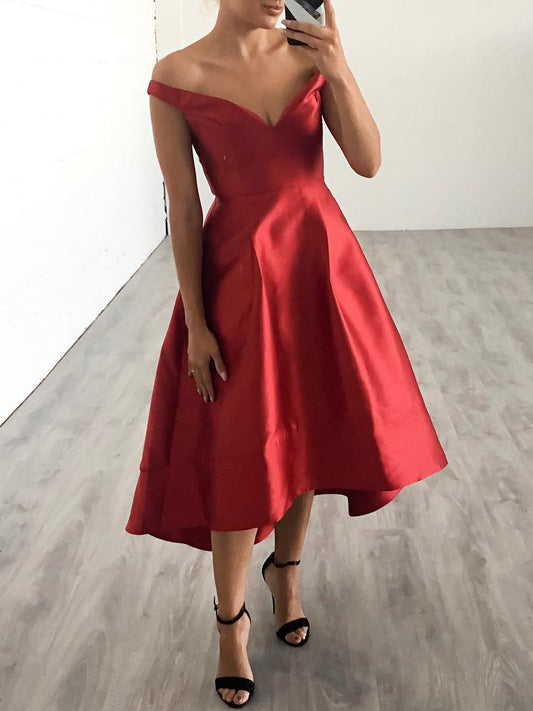 Off The Shoulder V Neck Pleated Brylee Satin Homecoming Dresses A Line Tea Length Elegant