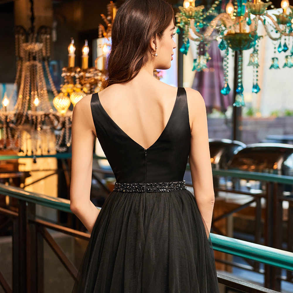 Deep V Neck Sleeveless Rhinestone Organza Black High Kaylie A Line Homecoming Dresses Low