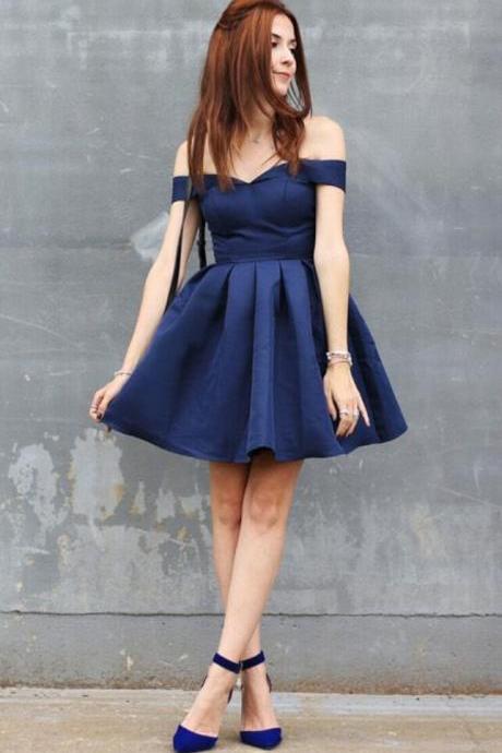 Off The Shoulder Dark Navy Ball Gown Pleated Simple Homecoming Dresses Adalynn Satin Elegant