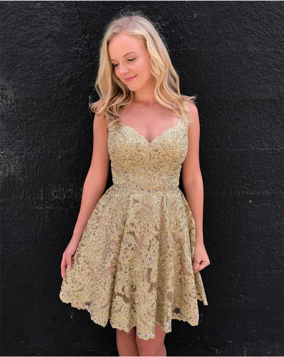 Gold V Neck Homecoming Dresses Joan A Line Lace Sleeveless Appliques Pleated Flowers Backless