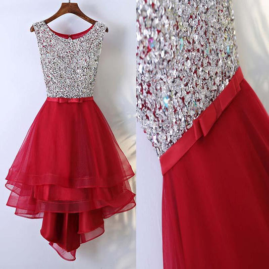 Scoop A Line Homecoming Dresses Leslie Red Organza High Low Bowknot Organza Rhinestone Sleeveless