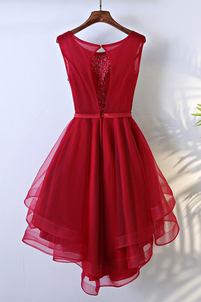 Scoop A Line Homecoming Dresses Leslie Red Organza High Low Bowknot Organza Rhinestone Sleeveless