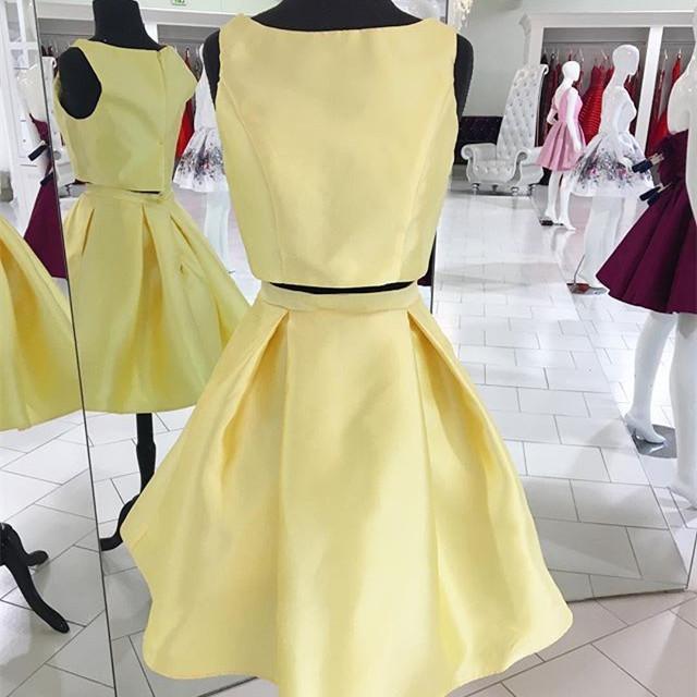 Bateau Sleeveless Pleated Simple Light Two Pieces Melissa Homecoming Dresses Satin A Line Yellow