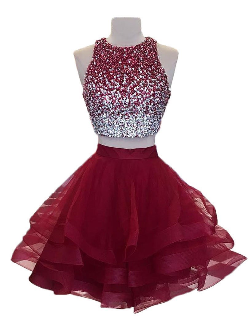 Raelynn A Line Homecoming Dresses Two Pieces Jewel Sleeveless Rhinestone Organza Ruffles Backless