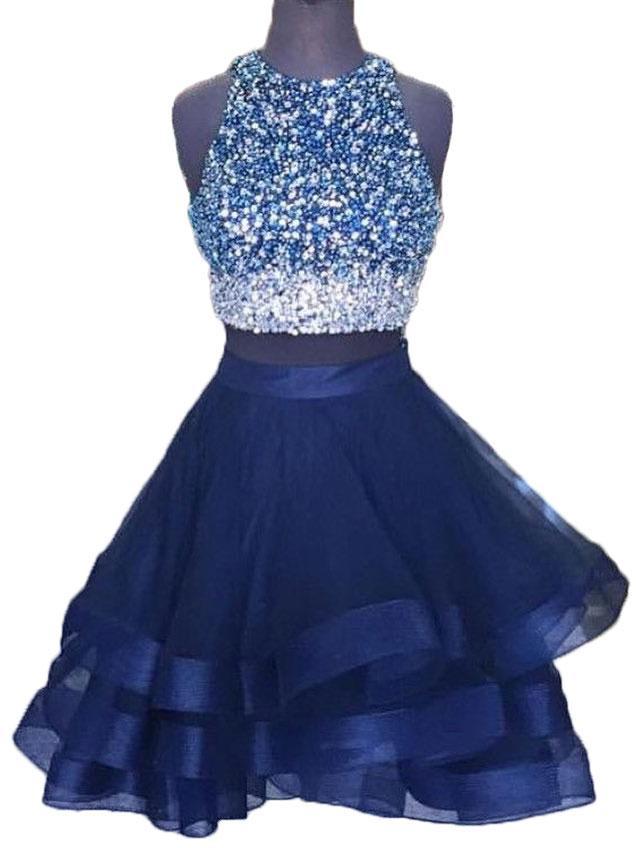 Raelynn A Line Homecoming Dresses Two Pieces Jewel Sleeveless Rhinestone Organza Ruffles Backless