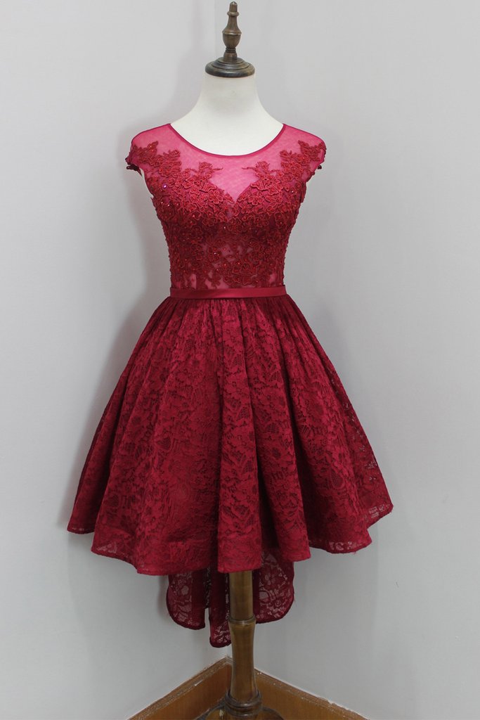 Cap Sleeve Scoop Sheer Pleated Burgundy Lace Homecoming Dresses Asia A Line High Low Flowers