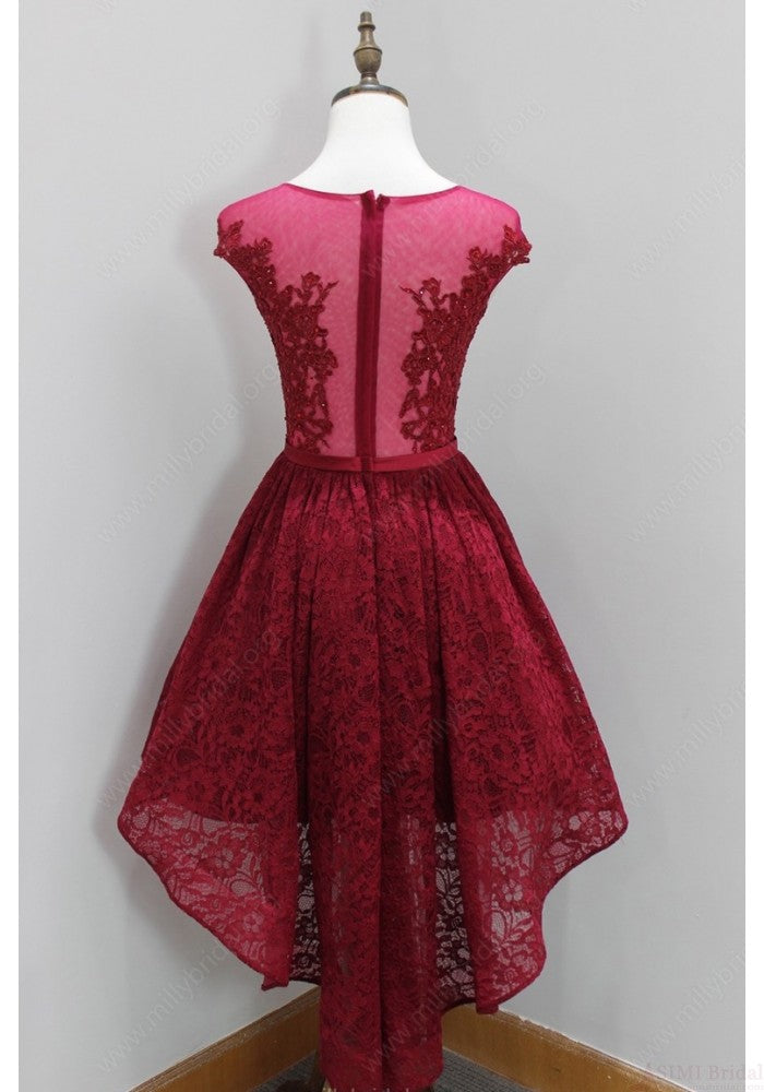 Cap Sleeve Scoop Sheer Pleated Burgundy Lace Homecoming Dresses Asia A Line High Low Flowers