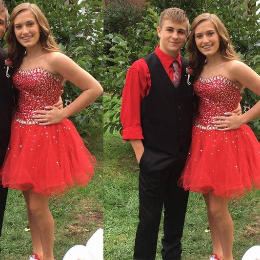 Red Strapless Sweetheart Homecoming Dresses A Line Silvia Rhinestone Organza Backless Sparkle