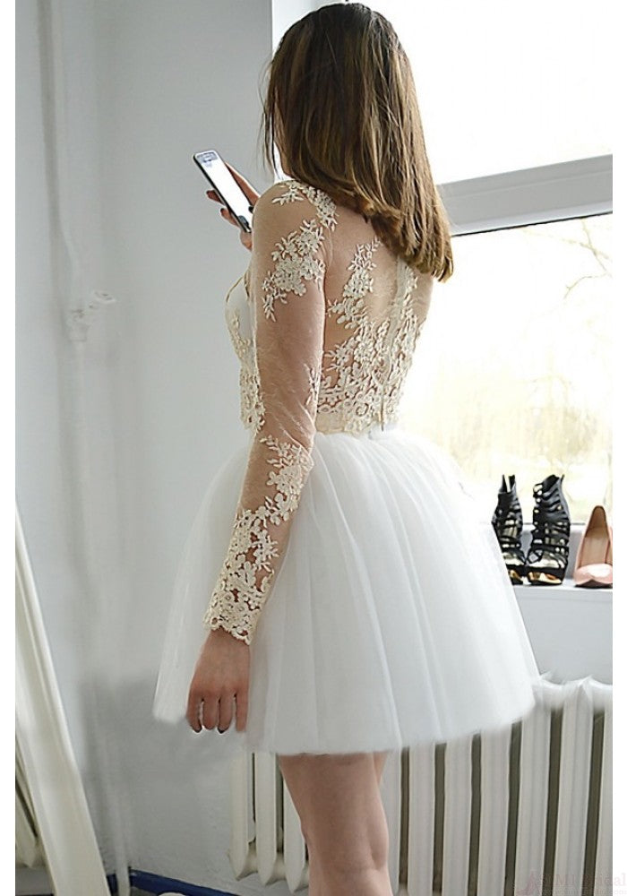 Long Sleeve White Jewel Kiana Homecoming Dresses Lace Appliques Tulle Cut Out Sheer Ball Gown