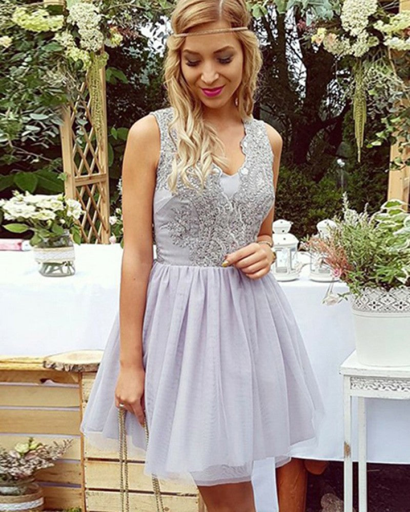 Sleeveless Homecoming Dresses Quinn A Line Tulle Appliques V Neck Grey Pleated Short