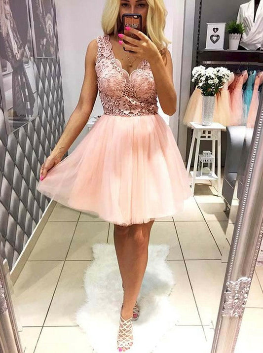 Sleeveless Peach Deep V Neck Homecoming Dresses A Line Sara Lace Appliques Flowers Tulle Pleated