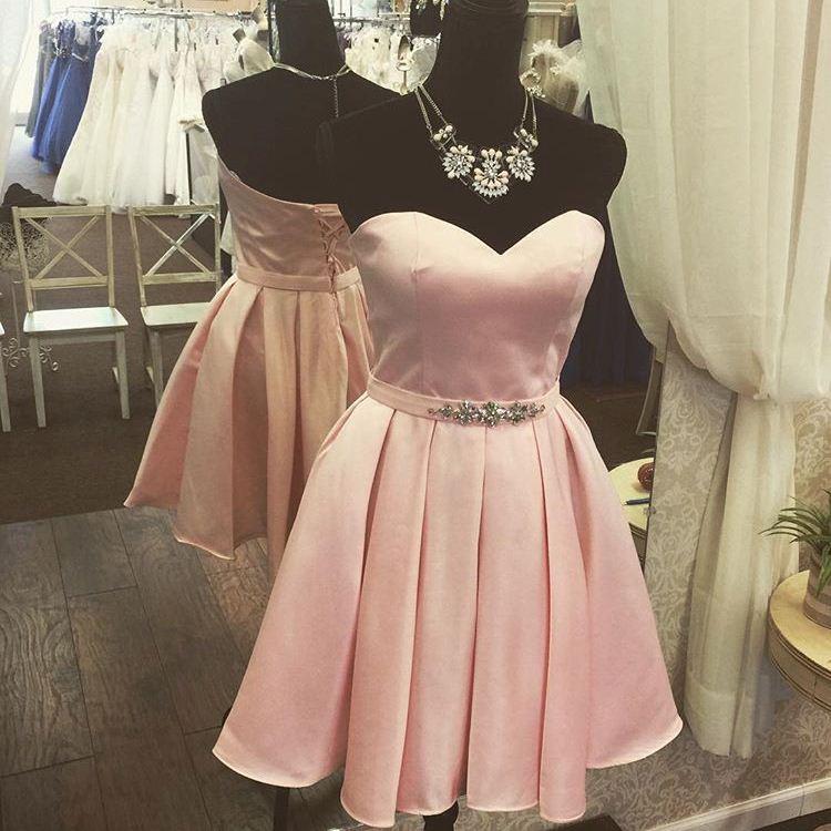 Strapless Sweetheart Lace Pink Homecoming Dresses Melody Satin A Line Backless Pleated Rhinestone Up