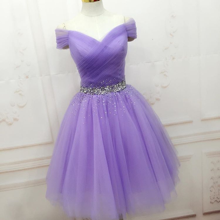 Off The Shoulder V Neck Lilac A Line Homecoming Dresses Valentina Rhinestone Tulle Pleated Ruched