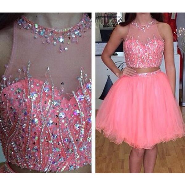 Jewel Sleeveless Sheer Rhinestone Two Pieces Homecoming Dresses Valeria Ball Gown Organza