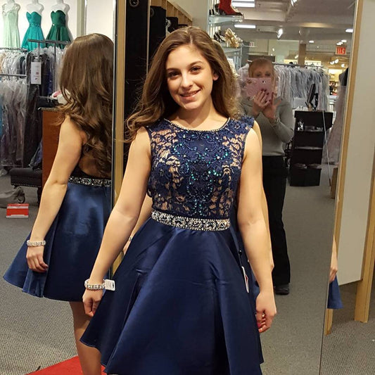 Lauren Homecoming Dresses Lace A Line Satin Scoop Sleeveless Rhinestone Backless Dark Navy