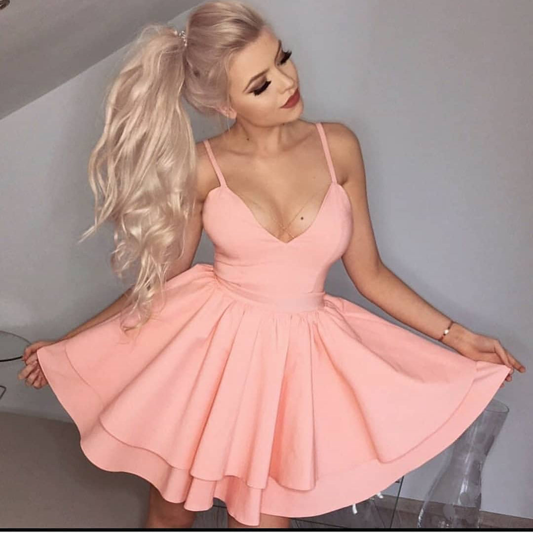 Spaghetti Straps Pink Peyton Satin Homecoming Dresses Deep V Neck Ball Gown Tiered Pleated Sexy