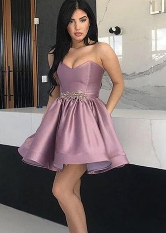 Strapless Sweetheart Rhinestone Pleated Homecoming Dresses Pink A Line Laura Satin Cute