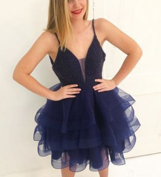 Spaghetti Straps Ball Gown V Homecoming Dresses Raquel Neck Sheer Organza Tiered Sheer Dark Navy