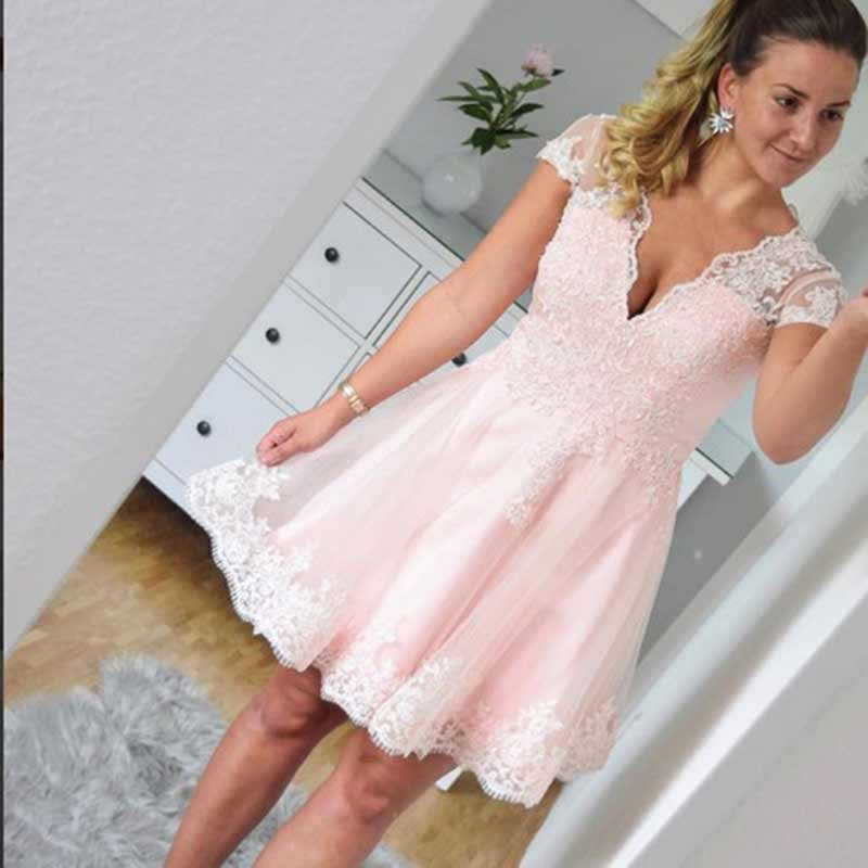 Cap Sleeve Deep V Neck Sheer A Line Pink Camryn Homecoming Dresses Lace Pleated