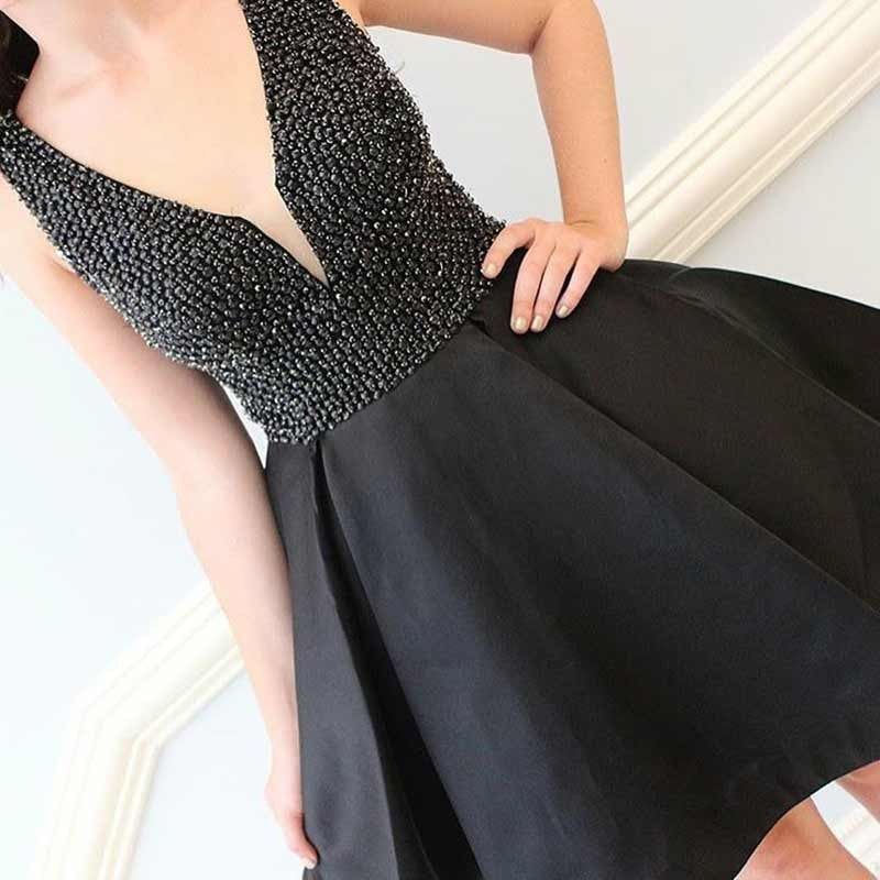 Beading Black Satin A Line Homecoming Dresses Ariana Pleated Deep V Neck Sleeveless Short Elegant