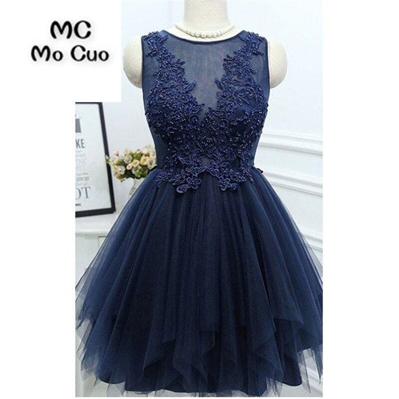 Jewel Sleeveless Appliques Beading Tulle Sheer Jazmin Homecoming Dresses A Line Pleated Dark Navy