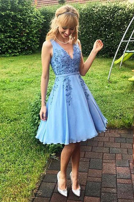 Deep V Neck A Line Chiffon Homecoming Dresses Mildred Sleeveless Blue Appliques Pleated